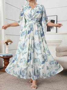 Vestido elegante de mujer talla grande con estampado floral, cintura fruncida y mangas con volantes - Multicolor 2 - Ver 6