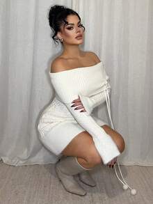 Dayanna Comas 露肩毛绒球吊坠装饰女式 Himekaji 毛衣派对礼服，适合新年、情人节 - 米色 - 查看 3