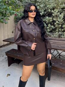 Dayanna Comas 2pcs/Set Blus Wanita Warna Polos Lengan Panjang Kancing Depan dengan Saku dan Rok Model A-Line Warna Cokelat Musim Dingin - Coklat - View 4