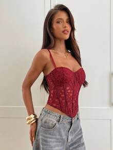 Aloruh 女士时尚紧身胸衣上衣 - 性感镂空蕾丝文胸露脐上衣，适合派对/旅行/节日（圣诞节、情人节、万圣节），酒红色文胸上衣，情人节衬衫 - 紅色 - 查看 7