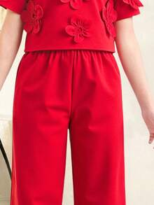 Young Girl Elegant Round Neck 3D Flower Decor Blouse & Pants Set Young Girl - Red - View 4