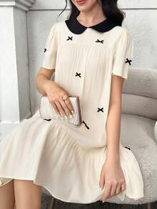 SHEIN 宽松优雅的彼得潘领拼接蝴蝶结装饰连衣裙，适合青少年女孩 - 杏色 - 查看 6