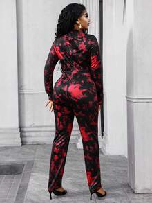 Lureya Women's Hollow Out Design Long Sleeve Flare Pants, High Waist Fitted Cut, Red & Black Abstract Print Textured Stretchy Fabric, Bodysuit Style, Suitable For Street, Casual, Home, Travel, Date, Night Party - Multicolor - View 2