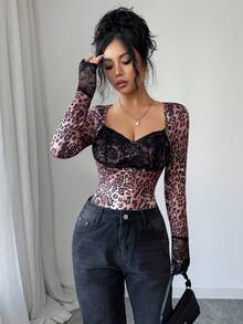 Selianne Women's Fashion Sexy Lace Patchwork Leopard Print Blouse Lace Detail Top Leopard Top - Brown - View 6