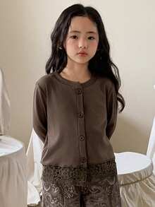 DAZY Girls (Small) Round Neck Lace Patchwork Long Sleeve Casual T-Shirt, Spring/Autumn - Coffee Brown - View 4