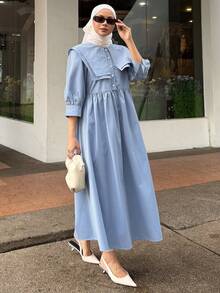 DAZY 女士休闲纯色衬衫领中长连衣裙，春夏长款连衣裙 - 藍色 - 查看 7