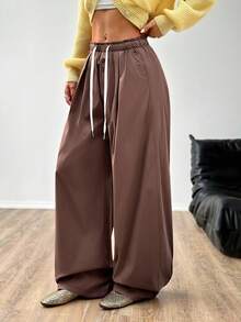 SHEIN EZwear Brown Pants Women's Brown Woven Solid Color Casual Pants - Coffee Brown - View 3