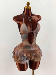 Amplova Women's Tie-Dye Print Halter Neck Jumpsuit, Sexy & Avant-Garde For Vacation, Retro & Cute With Ruffle Hem - Multicolor - View 5