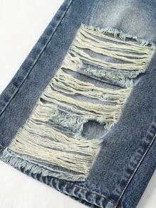 SHEIN Sparklyn Teen GirlGirl's Fashion Y2K Style Black & Grey Distressed Rhinestone Embellished Denim Capri Shorts - Medium Wash - View 7