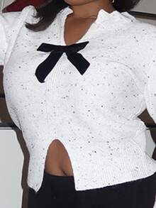 Tyla Gomez New V-Neck Bowknot Cropped Sweater With Side Slits, Delicate And Elegant,Long Sleeve Tops Knit Pullover Fall Winter Outfit - White - View 4
