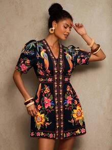 Travachic V-Neck Short Sleeve Fitted Women Mini Dress - Black - View 6