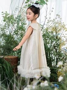 DAZY Young Girl' Korean Style Solid Color Peter Pan Collar Mesh Patchwork Sleeveless Dress - Apricot - View 4