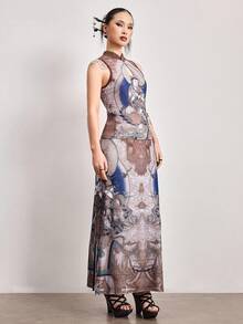 ROMWE Avant Spring/SummergraphicElegant 2-Piece Set: Chinese Style Buddha Painting Print Mandarin Collar Sleeveless Top And Skirt - Multicolor - View 5