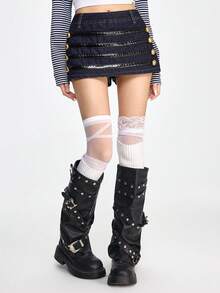 ROMWE Grunge Punk Falda vaquera de cintura baja con decoración de botones de bronce estilo palacio retro Y2K - Azul - Ver 6