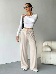 SHEIN Tall Women's Ribbed Brushed Wide Leg Pants, Suitable For Autumn/Winter - Beige - View 4