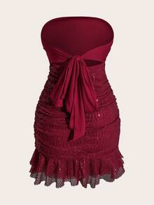 Sunspun Valentine Plus Size Sequin Bodycon Dress, Strapless Backless Bow Tie Bodycon Party Mini Dress - Burgundy - View 2