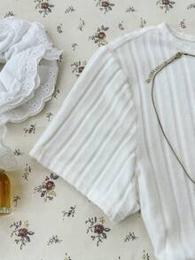 SHEIN 少女休闲街头风蝴蝶结刺绣图案紧身短袖T恤 - 白色 - 查看 4