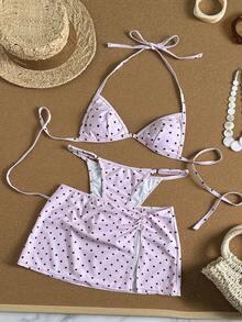 Bonvoyette 3件套女士泳衣比基尼可爱迷你连衣裙沙滩装波点黑粉夏季比基尼，度假优雅比基尼，夏季沙滩装，花园婚礼宾客礼服，优雅女装情人节新年派对度假套装，都市海滩波西米亚风2026春夏沙滩装 - 粉色 - 查看 2