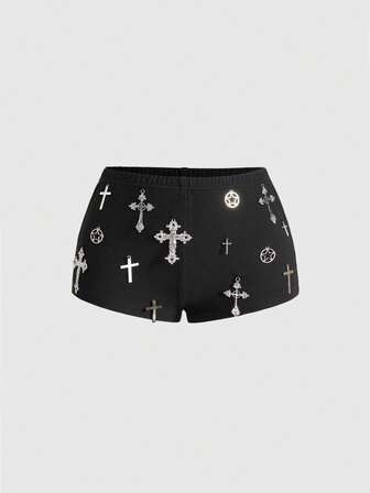 ROMWE Avant Pantaloncini mini a vita super bassa con decorazione a croce, stile retrò e sexy, subcultura