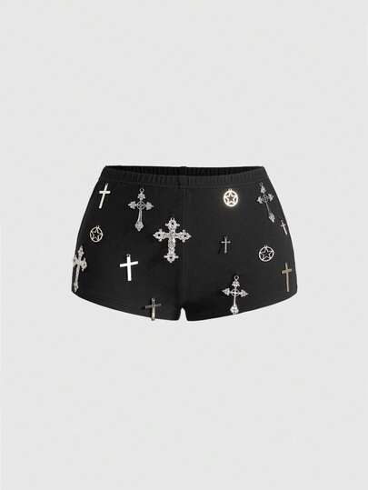 ROMWE Avant Shorts mini de cintura súper baja con decoración de cruz, estilo retro y sexy de la subcultura de la mujer