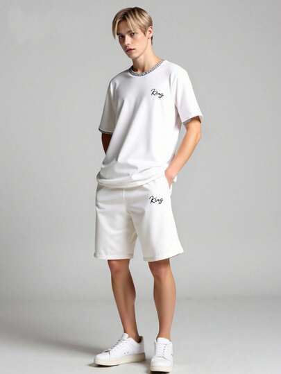 Vacaura 2pcs/Set Teenage Boys Casual T-Shirt Set, Collar & Waist Floral Patchwork Design, Letter Decor, Simple & Fashionable For Daily Wear