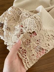 Lacomfia Plus Size Solid Color Patchwork Lace Trim Wide Leg Straight Casual Pants - Khaki - View 7