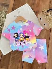 SHEIN 两件套少女休闲韩流卡通扎染图案短袖针织T恤和配套扎染短裤套装，适合女孩日常和假日穿着的舒适针织服装，运动时尚套装 - 彩色 - 查看 6