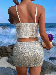 Opulessa 春夏度假优雅休闲沙滩女式纯色针织吊带背心，荷叶边下摆，春夏度假上衣，优雅派对上衣，奢华晚装，适合婚礼、毕业典礼、庆典、伴娘等场合 - 杏色 - 查看 2