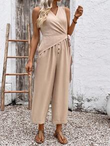 SHEIN Holidaya Bộ áo liền quần không tay buộc dây bằng vải lanh thoải mái, thích hợp cho nữ, kiểu dáng thường ngày đi nghỉ mát, mùa xuân/hè. - Màu be - Xem 4