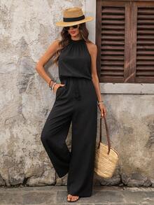 EMERY ROSE Bộ áo liền quần nữ màu trơn, thắt eo, có túi, ống rộng, kiểu dáng thường ngày, thích hợp cho kỳ nghỉ hè, du lịch, nghỉ mát. Áo liền quần đen cho nữ, áo liền quần cổ yếm cho nữ, áo liền quần không tay, áo liền quần thường ngày cho nữ, áo liền quần nữ để mặc đi chơi, trang phục mùa hè, trang phục đi biển cho nữ, trang phục thường ngày cho nữ. - màu đen - Xem 3