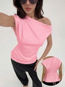 Aloruh New Minimalist Asymmetric-Shoulder Short Sleeve Pullover Cinched Waist Ruched Solid White T-Shirt - Pink - View 2