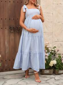 SHEIN Striped Spaghetti Strap Tie-Up Maxi Elegant Maternity Dress - Blue - View 7