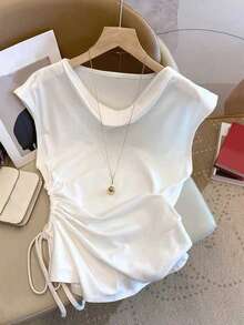Resyla Women's Casual Scoop Neck Solid Color Cinched Waist T-Shirt - White - View 1