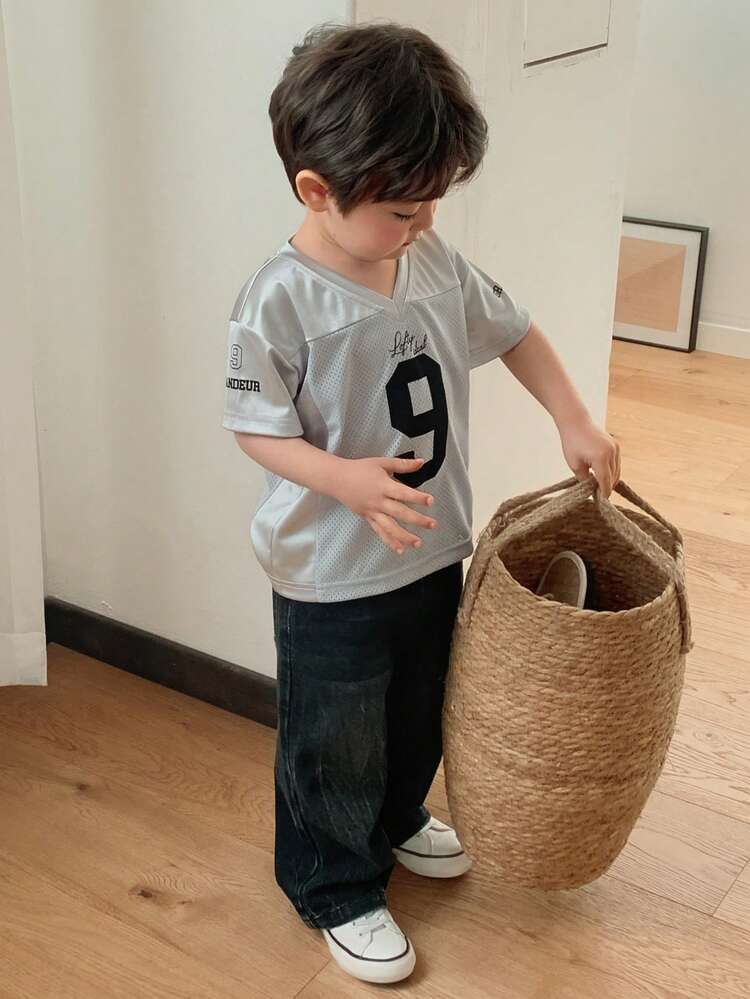 Baby Boy V-Neck Colorblock Numeric & Letter Print Short Sleeve Top