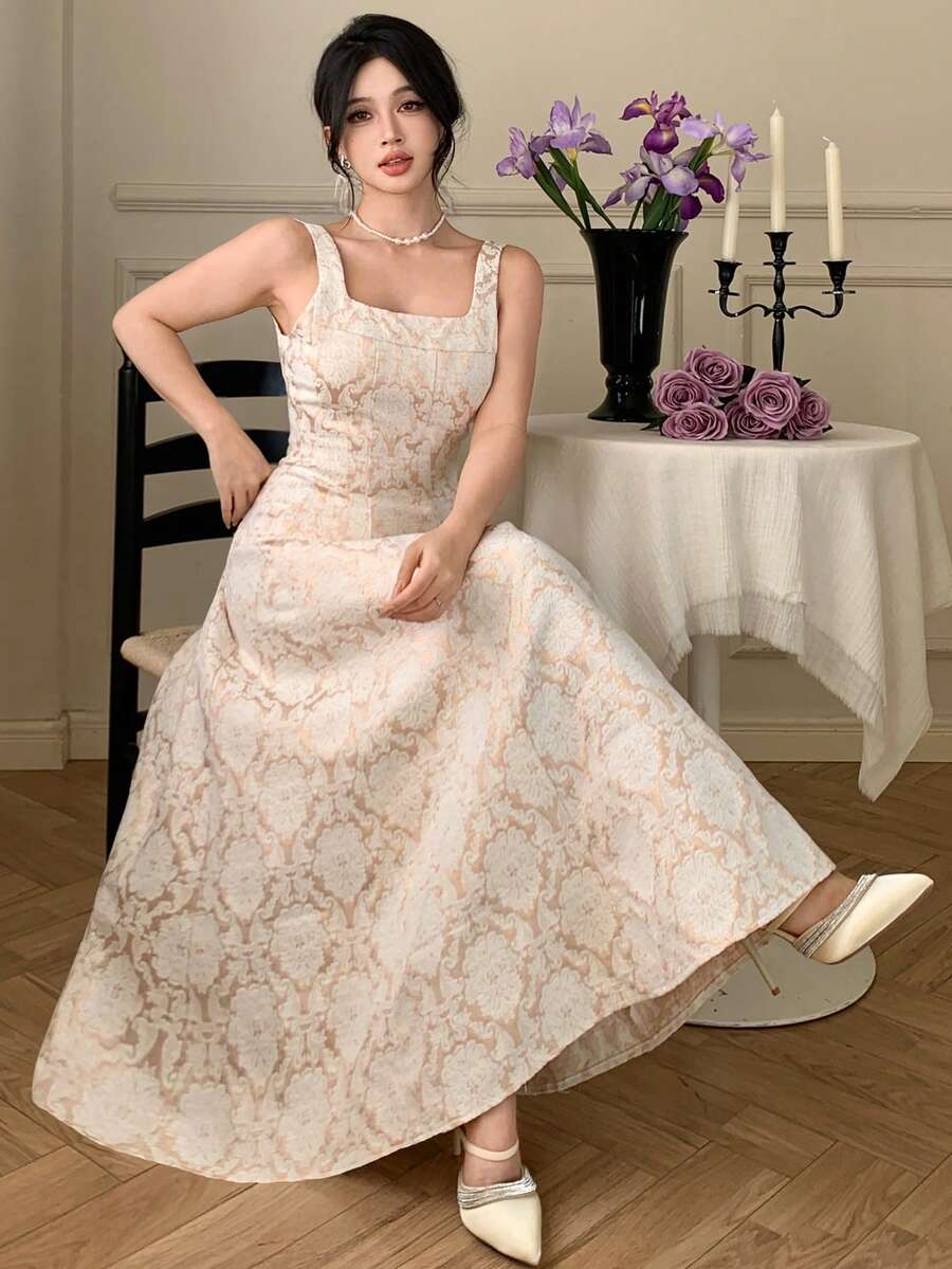 DAZY Women's Elegant Floral Print Sleeveless Dress With Square Neckline, Summer - Apricot - View 1