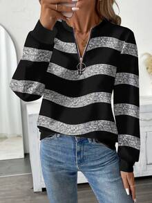 EMERY ROSE 休闲纹理条纹印花拉链圆领加大码女式卫衣 - 彩色 - 查看 5