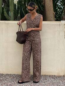 DAZY Sleeveless V-Neck Casual Top & Cashew Flower All-Over Print Casual Pants Women Denim Suit - Brown - View 5