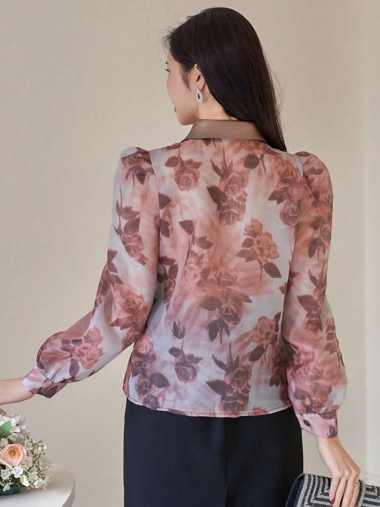 Women's Elegant Floral PU Patchwork Puff Sleeve Blouse, Spring/Summer,Wedding Guest Dress Women