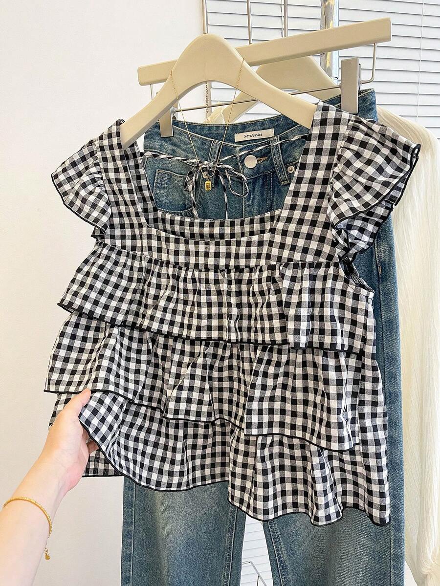 INAWLY Women's Autumn New Cute Ruffle Hem Blouse - Black and White - View 1