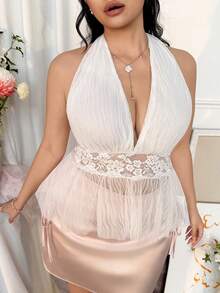 CovetEZ Plus Size Summer Romantic Spaghetti Strap Pleated Patchwork Chiffon Lace Halter Top, Summer Tops Sexy Blouses - Beige - View 1