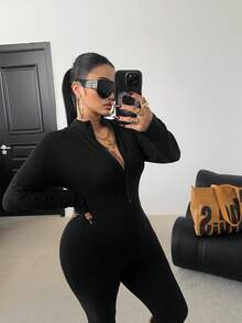 SHEIN CURVE+ Plus Size Black Jumpsuit With Front Zipper, Long Sleeve, High Stretch, Waist Cinching, Slimming, Minimalist Design