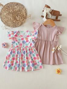 SHEIN 2pcs Newborn Baby Girls Floral Print Round Neck Cap Sleeve Solid Color Pink Casual Waisted Cute Mini Dress, Suitable For Summer Outings Or Travel - Pink - View 10