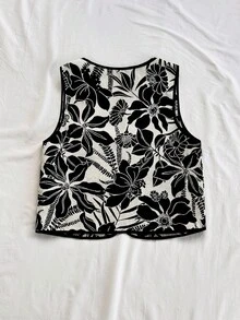 Soleia WYWF 女士度假风 V 领系带喇叭袖热带印花背心 - 黑與白 - 查看 2