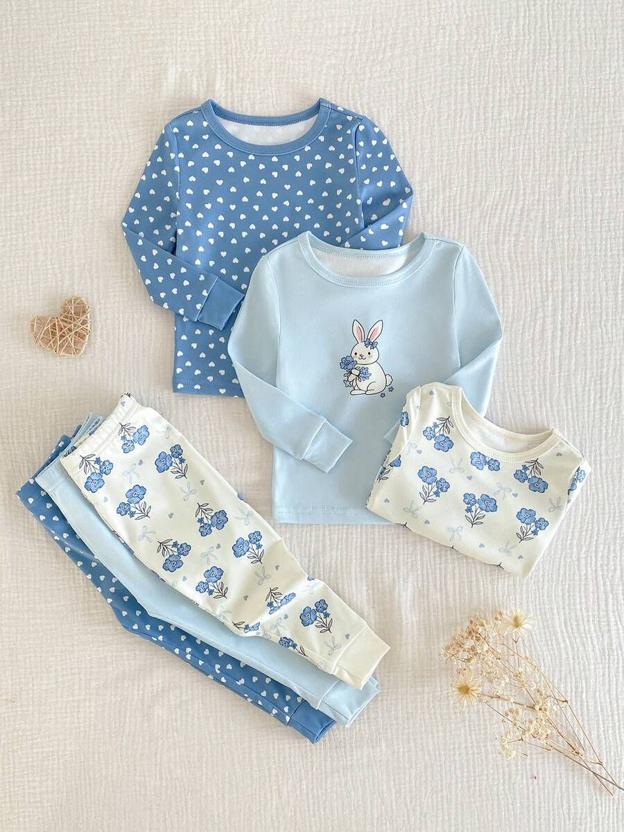 3pcs Baby Girls Fashionable Minimalist Heart Flower Rabbit Print Stretchy Knit Crew Neck Long Sleeve Top And Pants Casual Comfortable Homewear Set Baby Set Autumn Winter Season Pajama Baby Set Baby Casual Sets Snug Fit