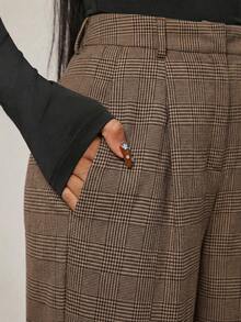 Radiana Women's Minimalist Fashion Brown Houndstooth Loose Wide Leg Pants, Commuter Pants, Brown Wide Leg Pants, High Waist Wide Leg Pants, Brown Suit Pants, Brown High Waist Pants Trousers, Loose Casual Pants, Business, Retro, Party, Holiday, Outing, Old Money Style Clothing,Spring To Summer, - Multicolor - View 3