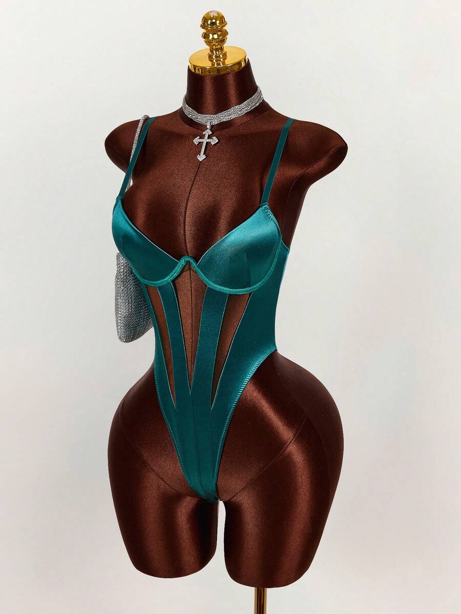 Amplova 女士纯色镂空性感连体衣 - 墨綠色 - 查看 1