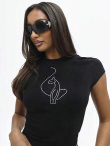 BABYPHAT Cropped Short Sleeve Tee With Rhinestone Cat Design Round Neck Fitted Baby Top Summer Spring Casual - Black - View 4
