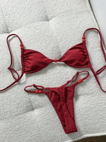  Swim Mod-D Women's Solid Color Spaghetti Strap Red Beaded Decor Bikini Set, Spring/Summer