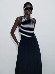 Lumivelle Women's French Nautical Navy Striped Patchwork Sleeveless High Waist Elastic Waist Flowy Dress - Navy Blue - View 5