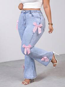 SHEIN PETITE CURVE Quần jean ống loe màu hồng thanh lịch, trang trí nơ, co giãn, thoải mái, thích hợp cho mùa hè và mùa xuân, dành cho các bữa tiệc Valentine, lễ hội hóa trang, tiệc tùng. - Rửa nhẹ - Xem 4